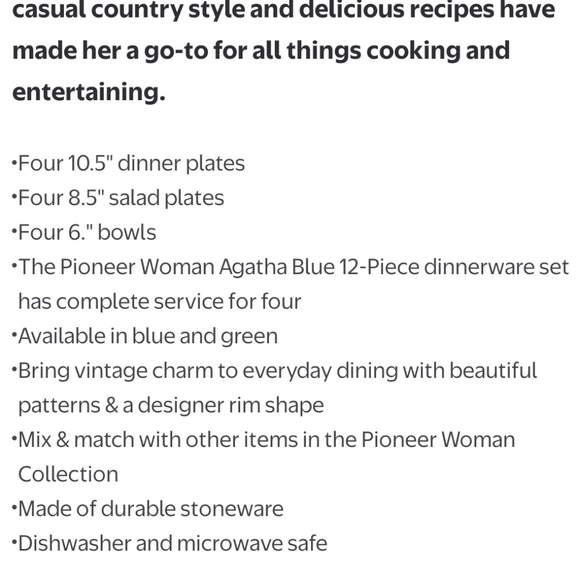 ❤️ New Pioneer Woman Agatha Blue Floral 12-Piece Dinnerware Set - Picture 5 of 6